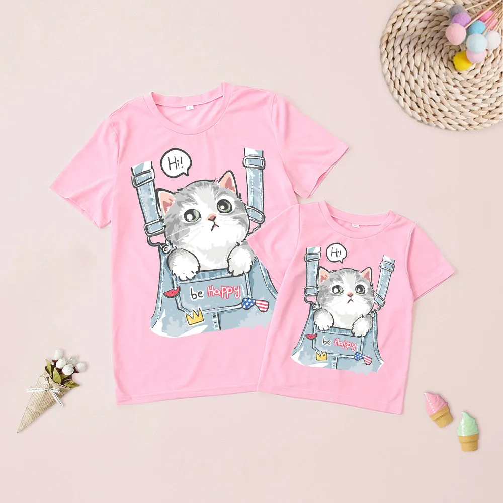 2022 Mommy and Me Short Sleeve Cat Print T-Shirt