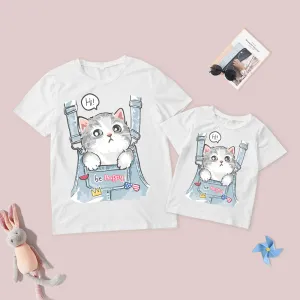 2022 Mommy and Me Short Sleeve Cat Print T-Shirt
