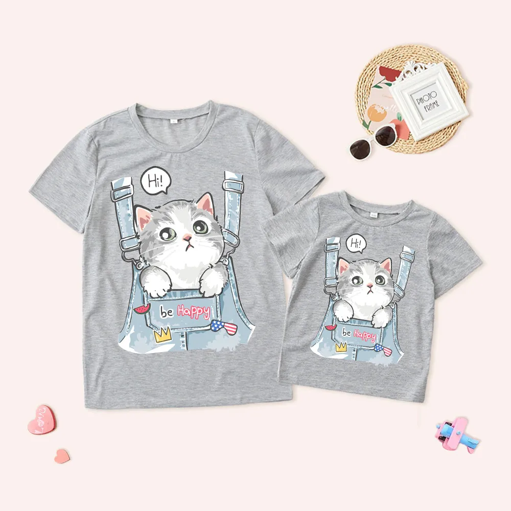 2022 Mommy and Me Short Sleeve Cat Print T-Shirt
