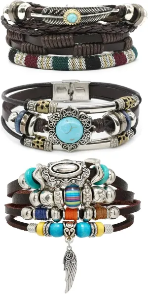 3 Pcs Leather Wrap Bracelets for Women, Multi Layer Boho Bracelets for Women, Stackable Western Bracelets
