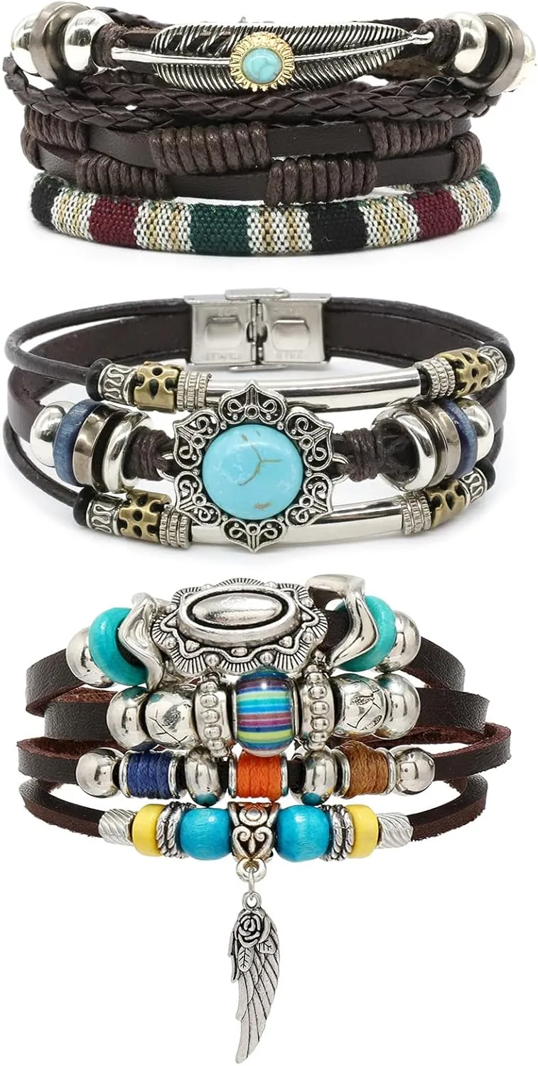 3 Pcs Leather Wrap Bracelets for Women, Multi Layer Boho Bracelets for Women, Stackable Western Bracelets