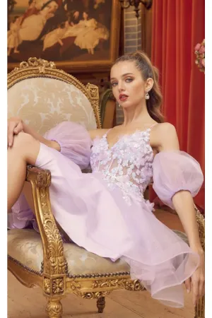 3D Butterfly V-Neck Short Puff Sleeve Dress by Juliet 901