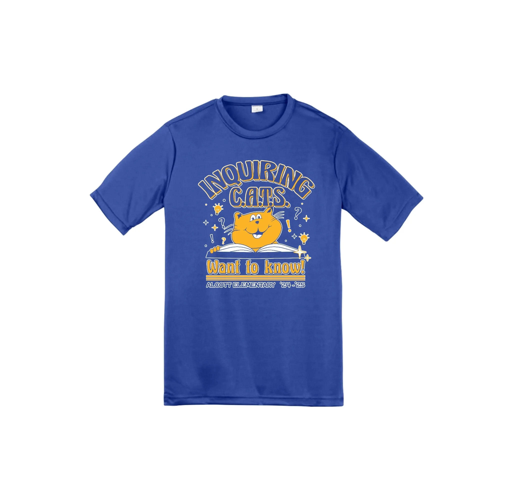 Alcott Elementary-Youth Unisex Dri-Fit Shirt On-Demand Inquiring Cat Logo
