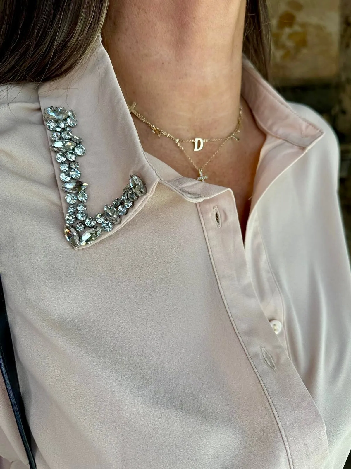 Andie Crystal Collar Shirt- Blush