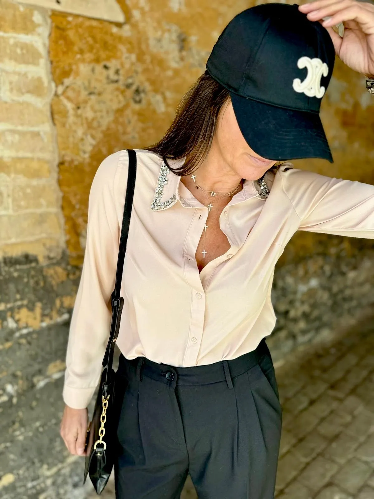 Andie Crystal Collar Shirt- Blush