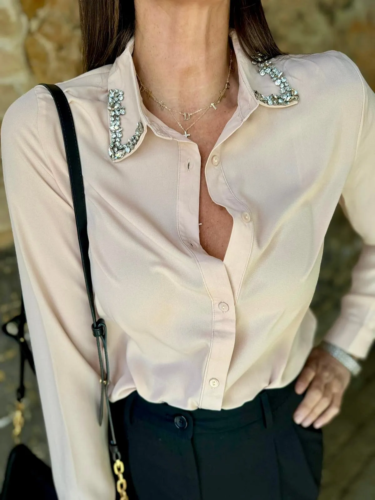 Andie Crystal Collar Shirt- Blush