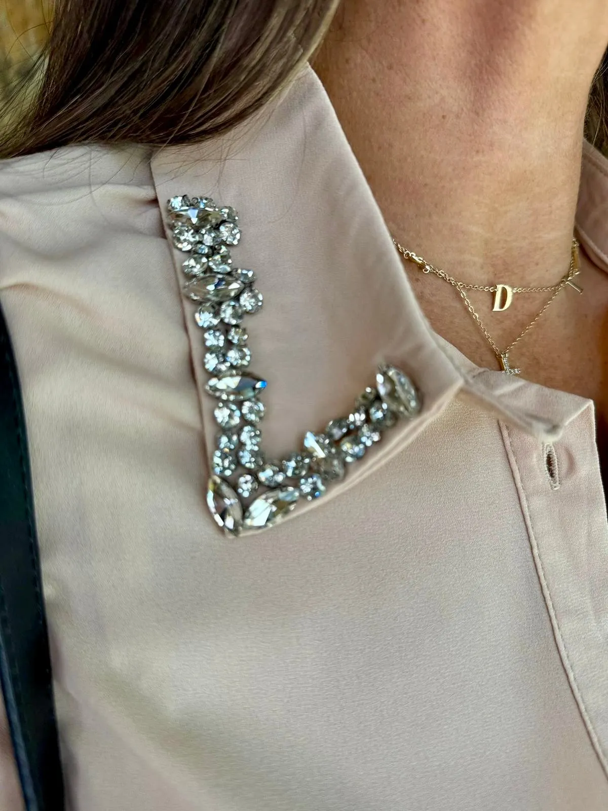 Andie Crystal Collar Shirt- Blush