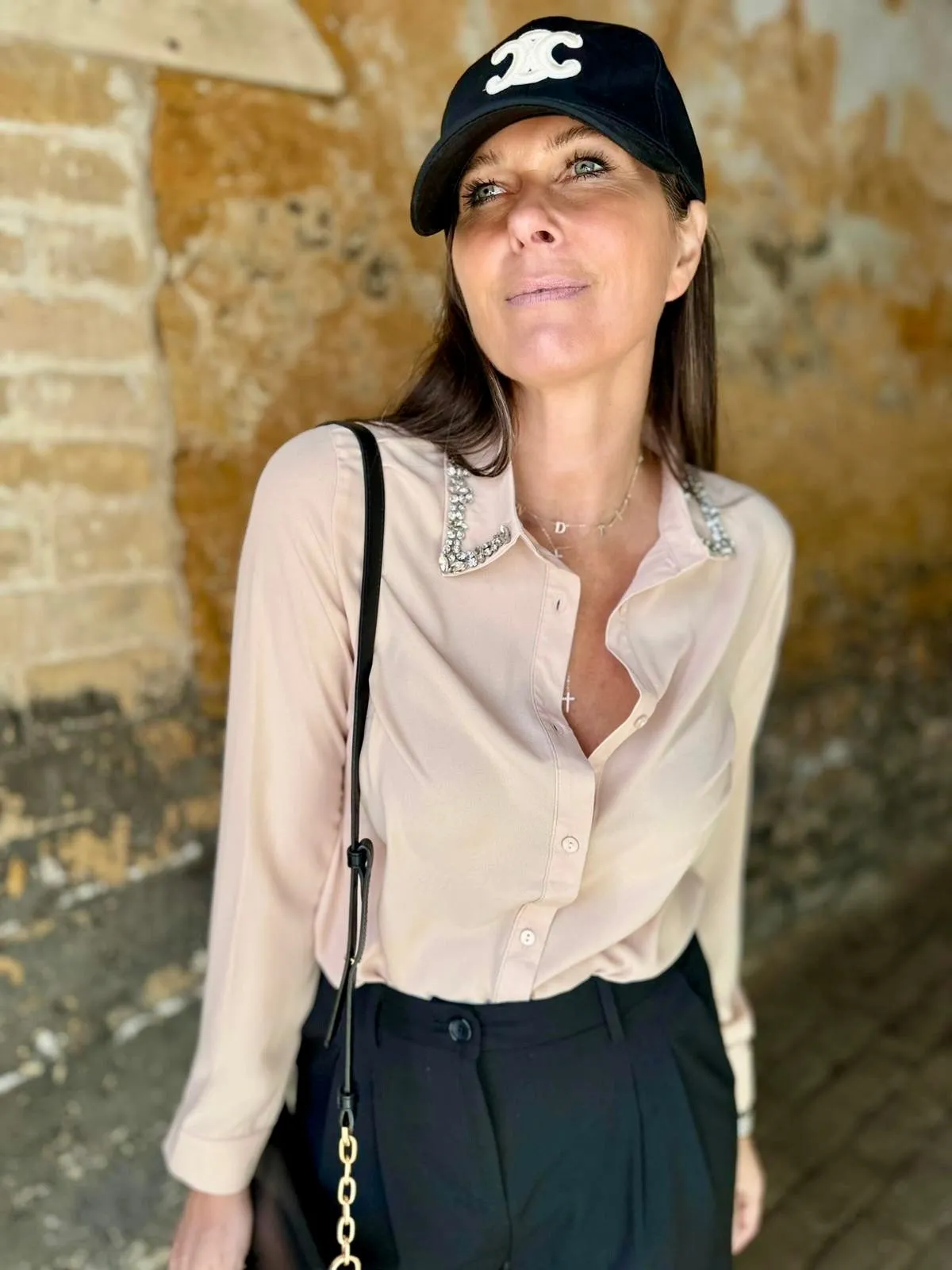 Andie Crystal Collar Shirt- Blush