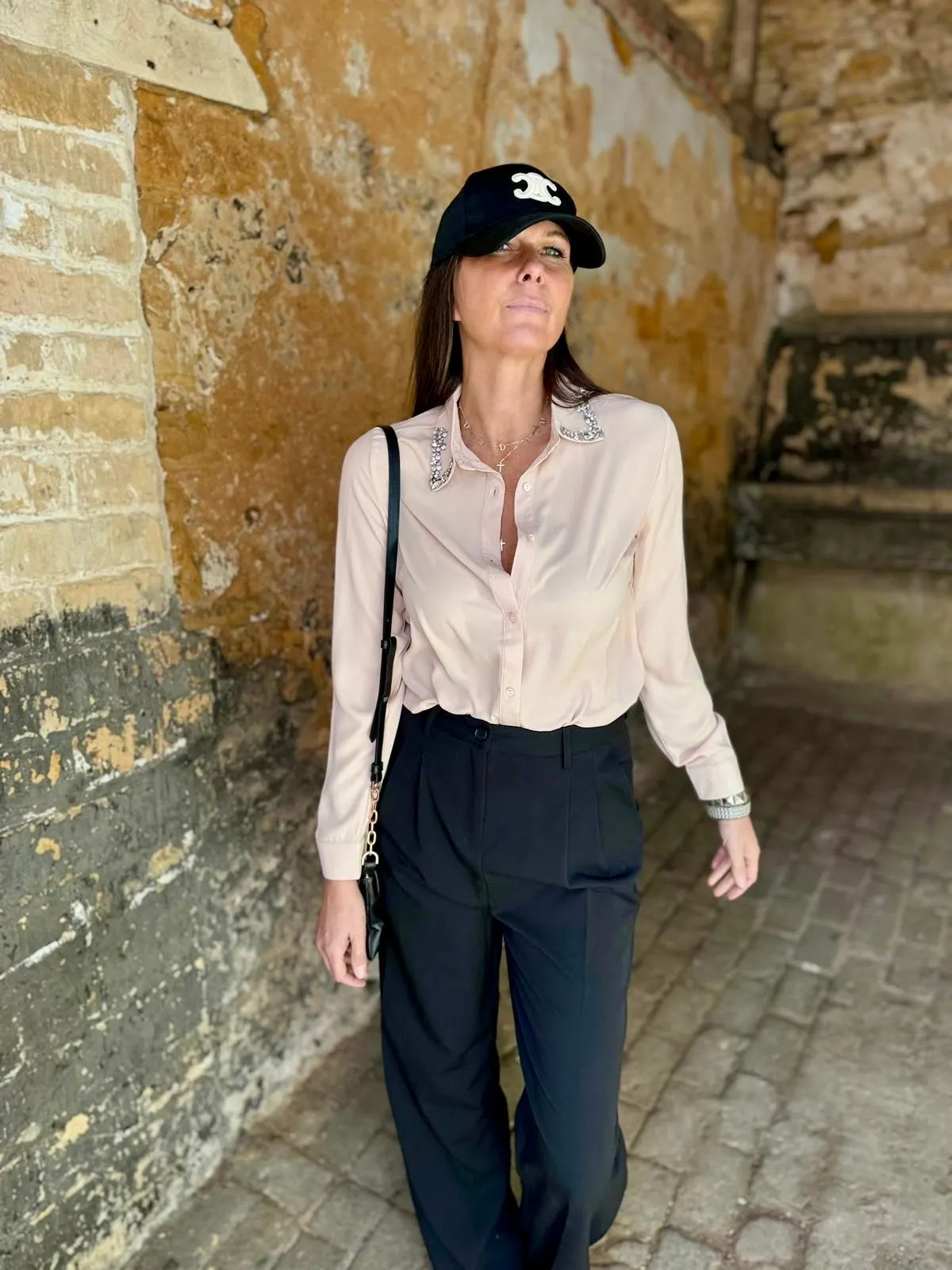 Andie Crystal Collar Shirt- Blush