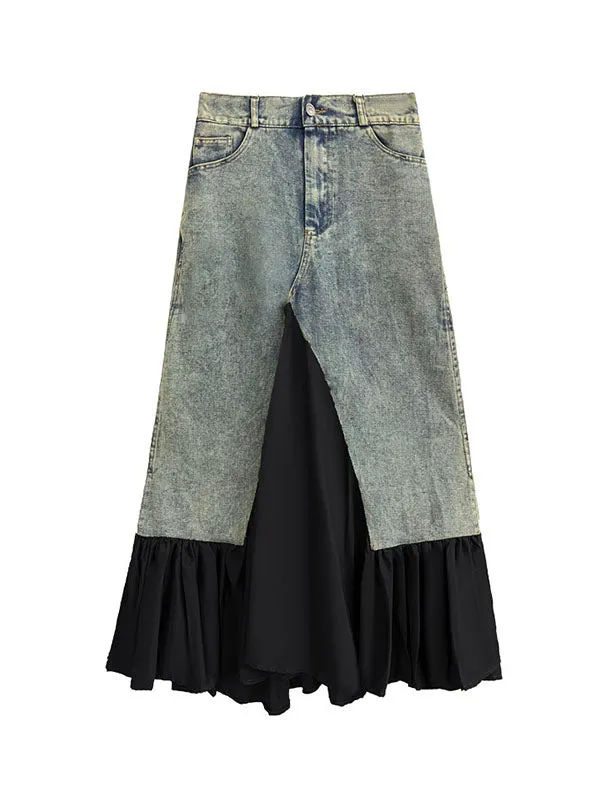 Asymmetric Buttoned Pleated Pockets Split-Joint A-Line Loose Skirts Bottoms
