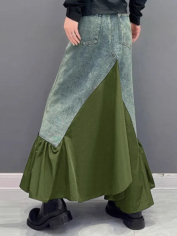 Asymmetric Buttoned Pleated Pockets Split-Joint A-Line Loose Skirts Bottoms