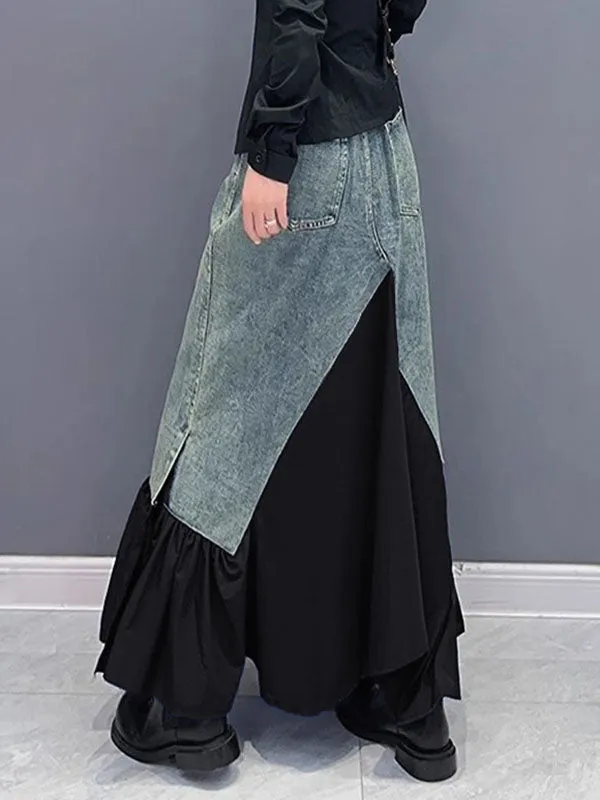 Asymmetric Buttoned Pleated Pockets Split-Joint A-Line Loose Skirts Bottoms