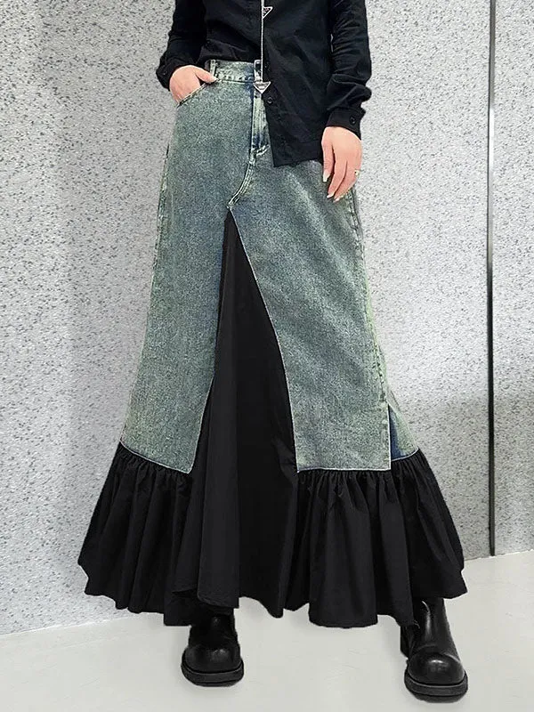 Asymmetric Buttoned Pleated Pockets Split-Joint A-Line Loose Skirts Bottoms
