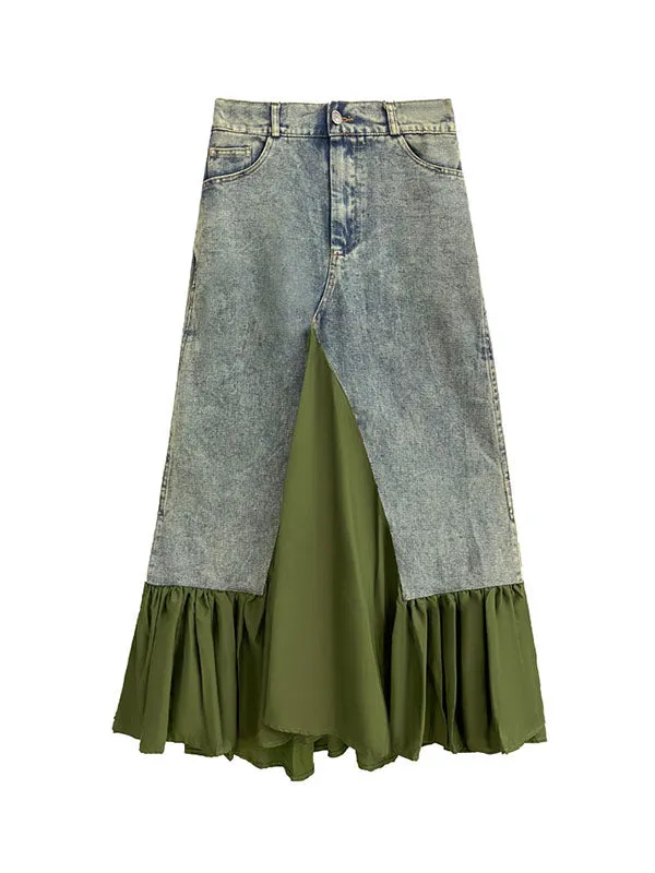 Asymmetric Buttoned Pleated Pockets Split-Joint A-Line Loose Skirts Bottoms