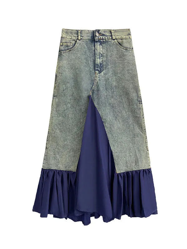 Asymmetric Buttoned Pleated Pockets Split-Joint A-Line Loose Skirts Bottoms