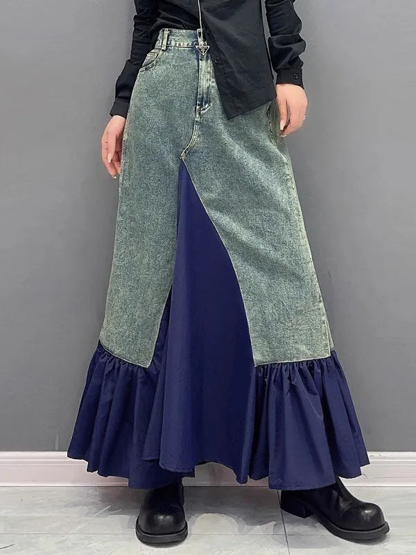 Asymmetric Buttoned Pleated Pockets Split-Joint A-Line Loose Skirts Bottoms