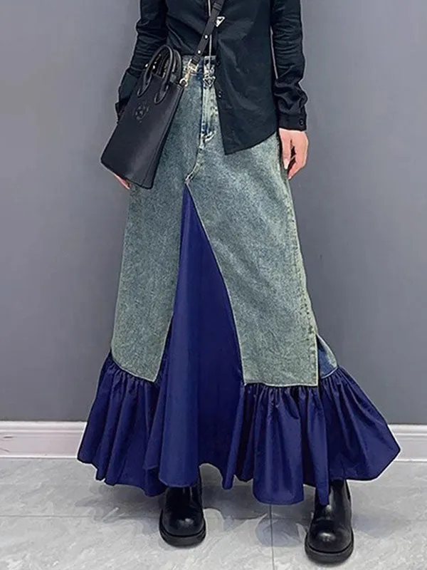 Asymmetric Buttoned Pleated Pockets Split-Joint A-Line Loose Skirts Bottoms