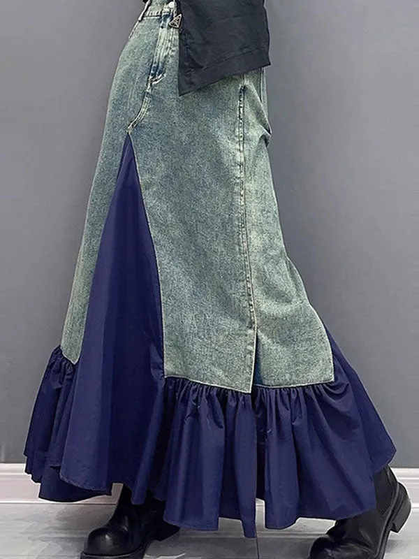 Asymmetric Buttoned Pleated Pockets Split-Joint A-Line Loose Skirts Bottoms
