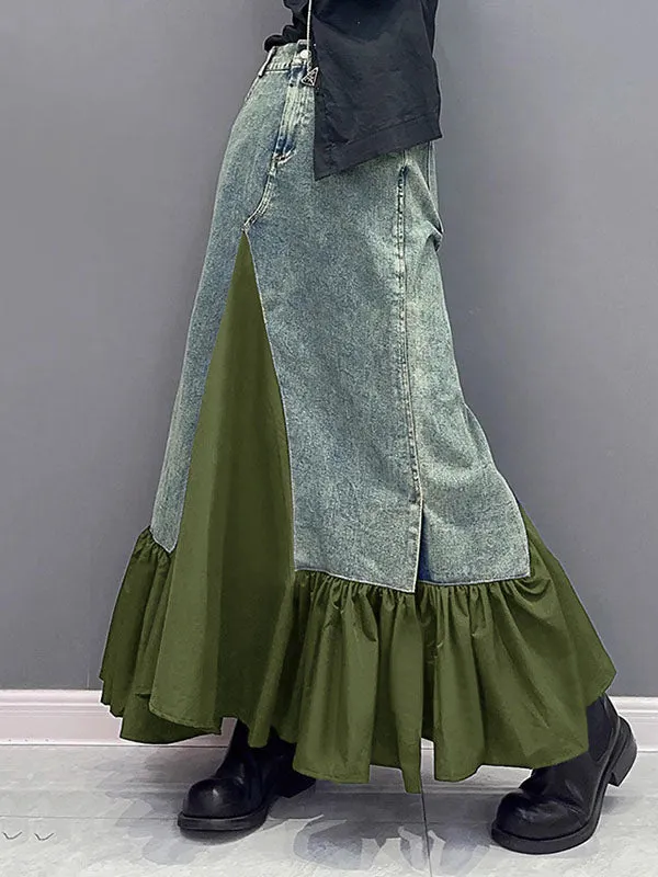 Asymmetric Buttoned Pleated Pockets Split-Joint A-Line Loose Skirts Bottoms