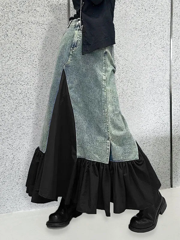 Asymmetric Buttoned Pleated Pockets Split-Joint A-Line Loose Skirts Bottoms