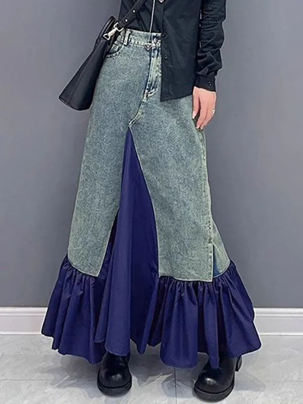 Asymmetric Buttoned Pleated Pockets Split-Joint A-Line Loose Skirts Bottoms