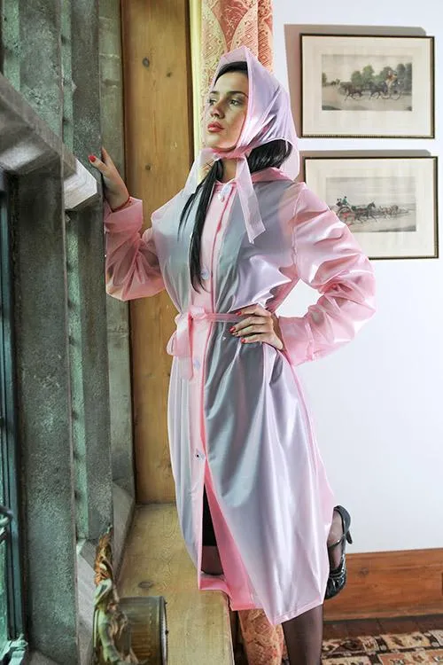 Authentic 1940s & 50s Style "Vintage Rain Mac & Headscarf/Bonnet" in Pink Semi Trasparent by Elements Rainwear
