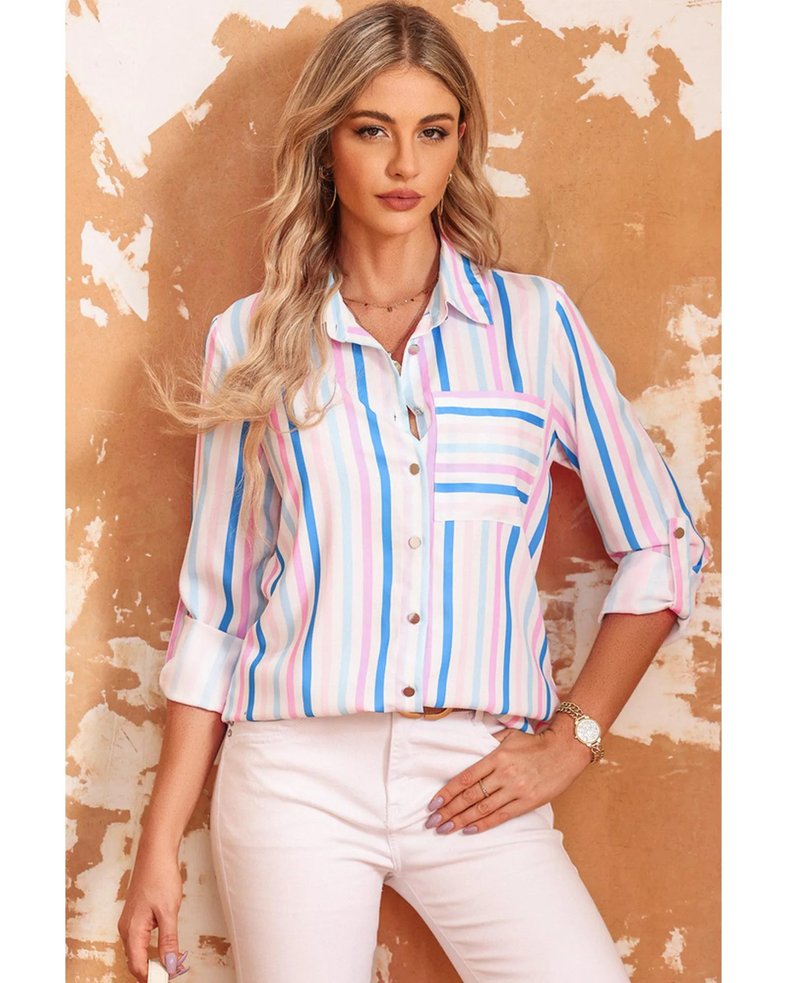Azura Exchange Striped Roll Tab Sleeve Shirt - M