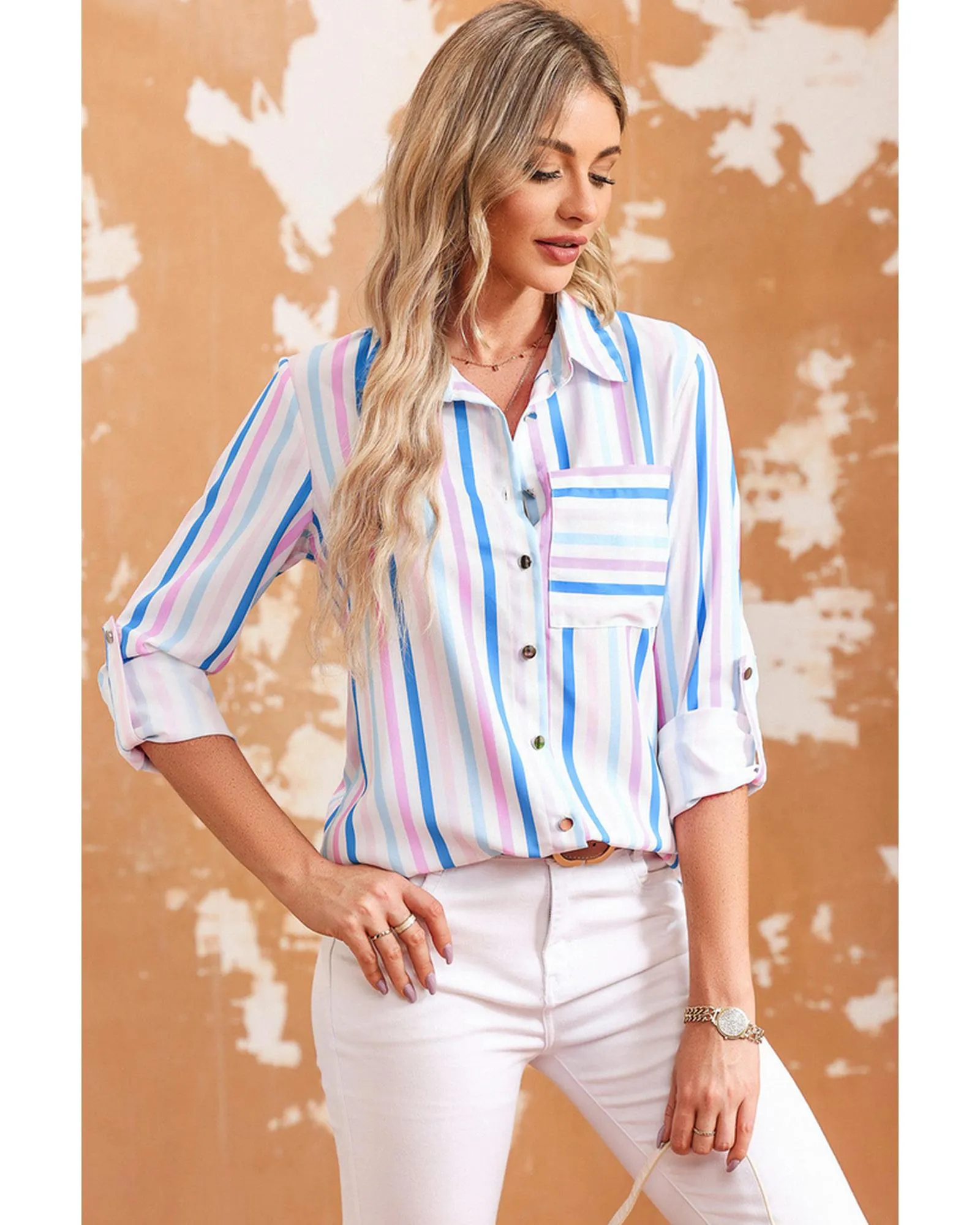 Azura Exchange Striped Roll Tab Sleeve Shirt - M
