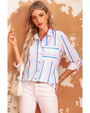 Azura Exchange Striped Roll Tab Sleeve Shirt - M