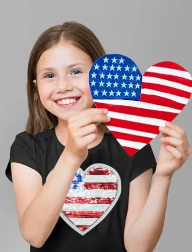 Baby Girls T-Shirt Independence Day Shirt Sequin Heart Tops Kids Short Sleeve Crew Neck Blue Tees 2T