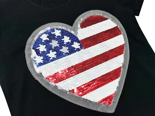 Baby Girls T-Shirt Independence Day Shirt Sequin Heart Tops Kids Short Sleeve Crew Neck Blue Tees 2T