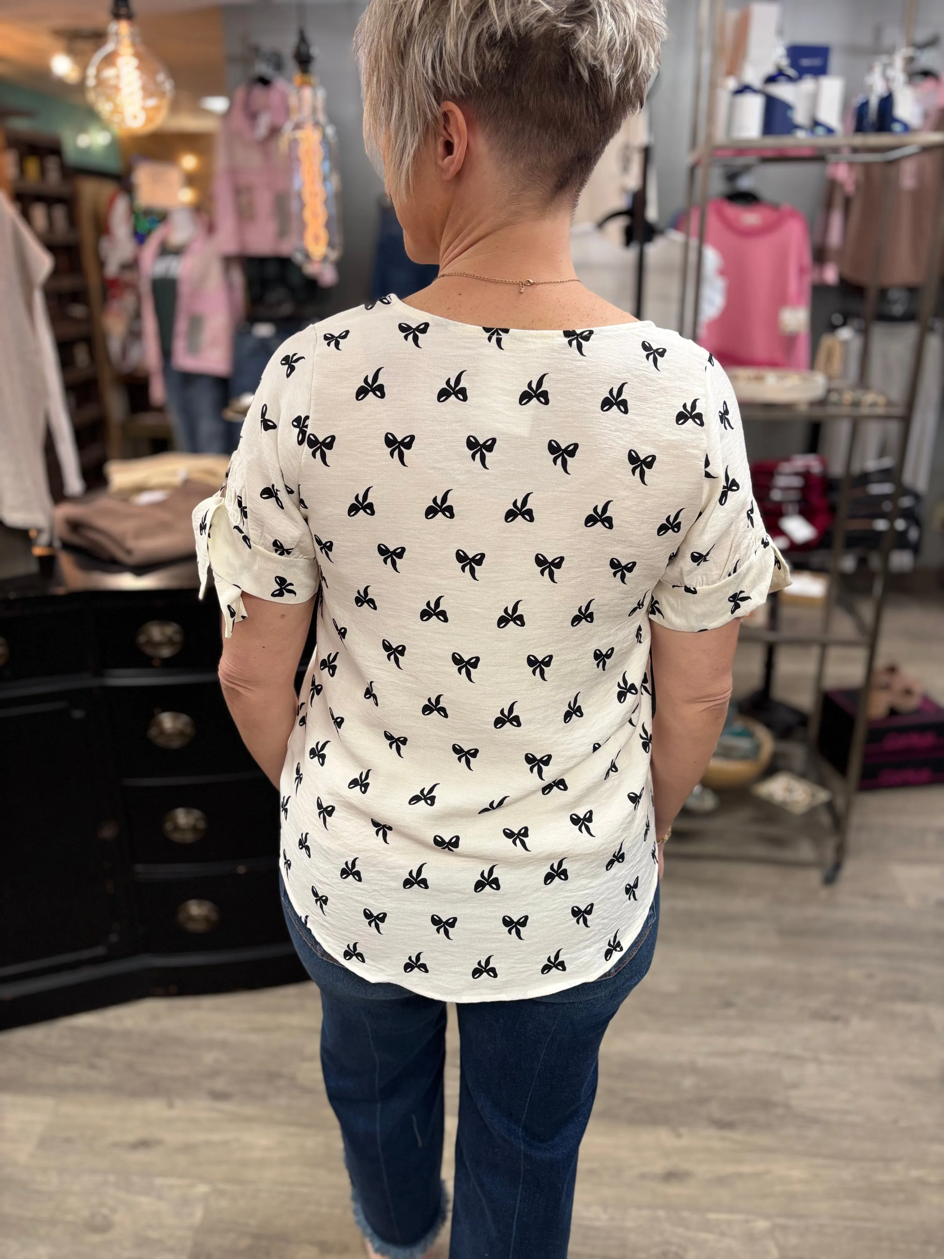 Bowtiful Printed Sleeve Tie Top