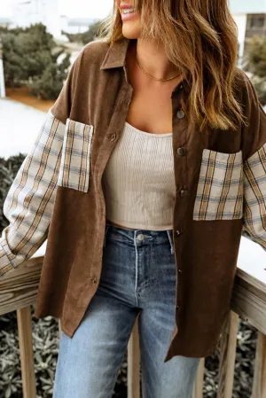 Brown Plaid Patchwork Corduroy Shacket