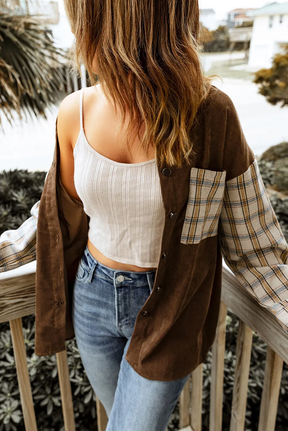 Brown Plaid Patchwork Corduroy Shacket