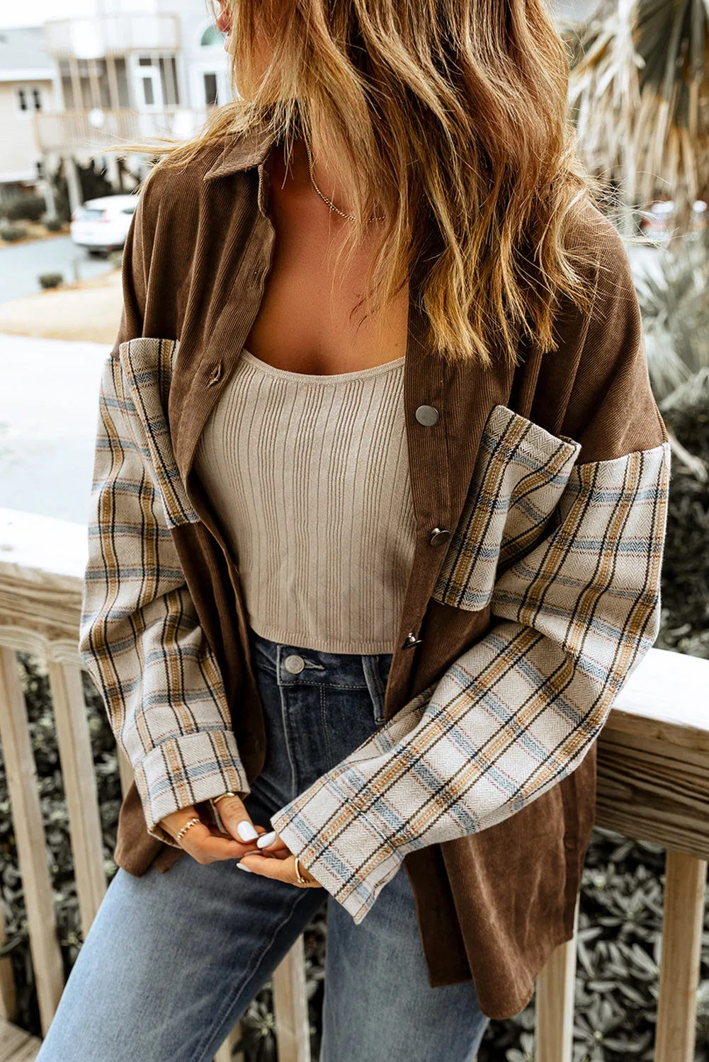 Brown Plaid Patchwork Corduroy Shacket