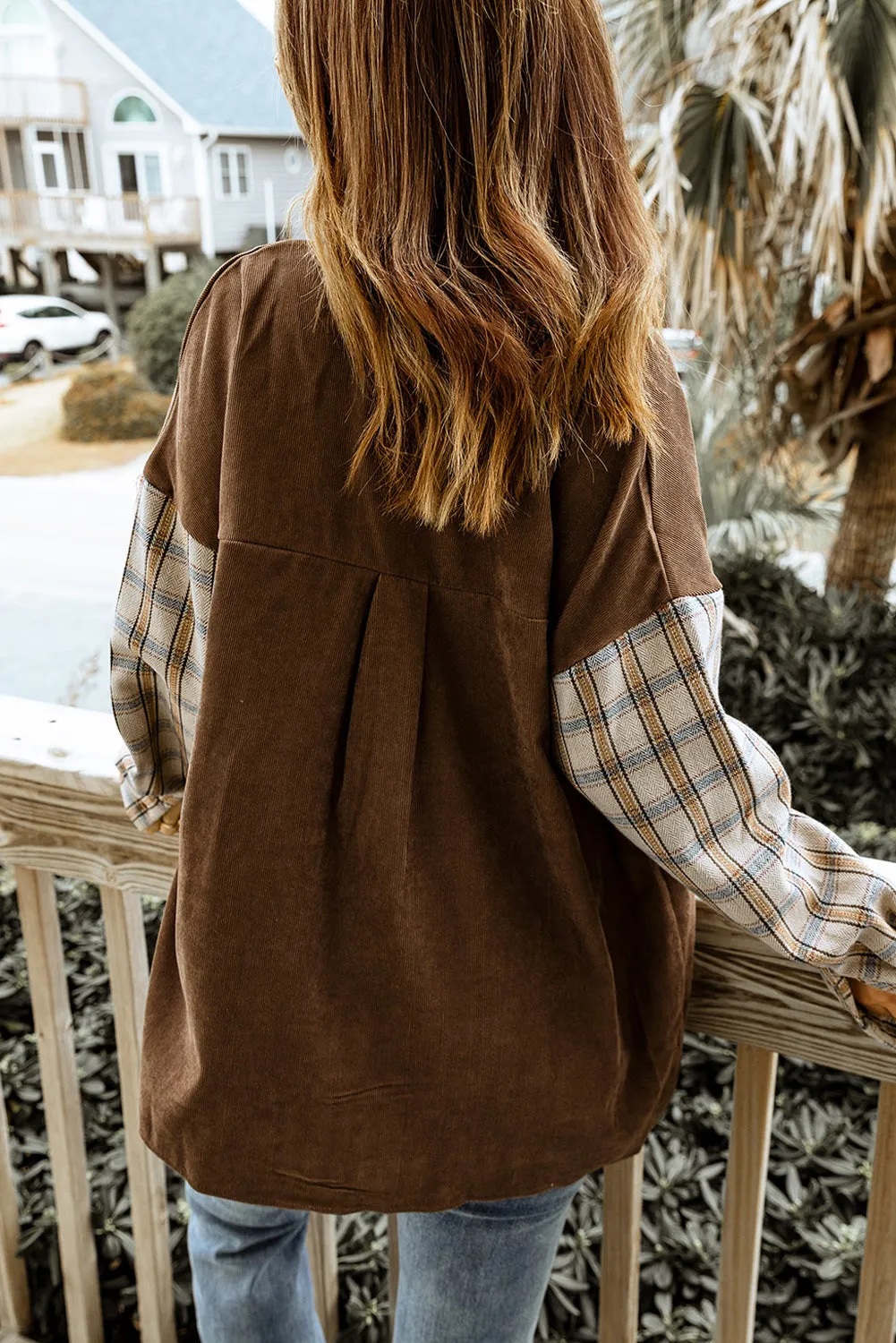 Brown Plaid Patchwork Corduroy Shacket