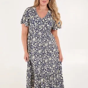 BUTTON FRONT FLORAL DRESS IN NAVY