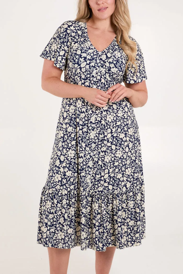 BUTTON FRONT FLORAL DRESS IN NAVY