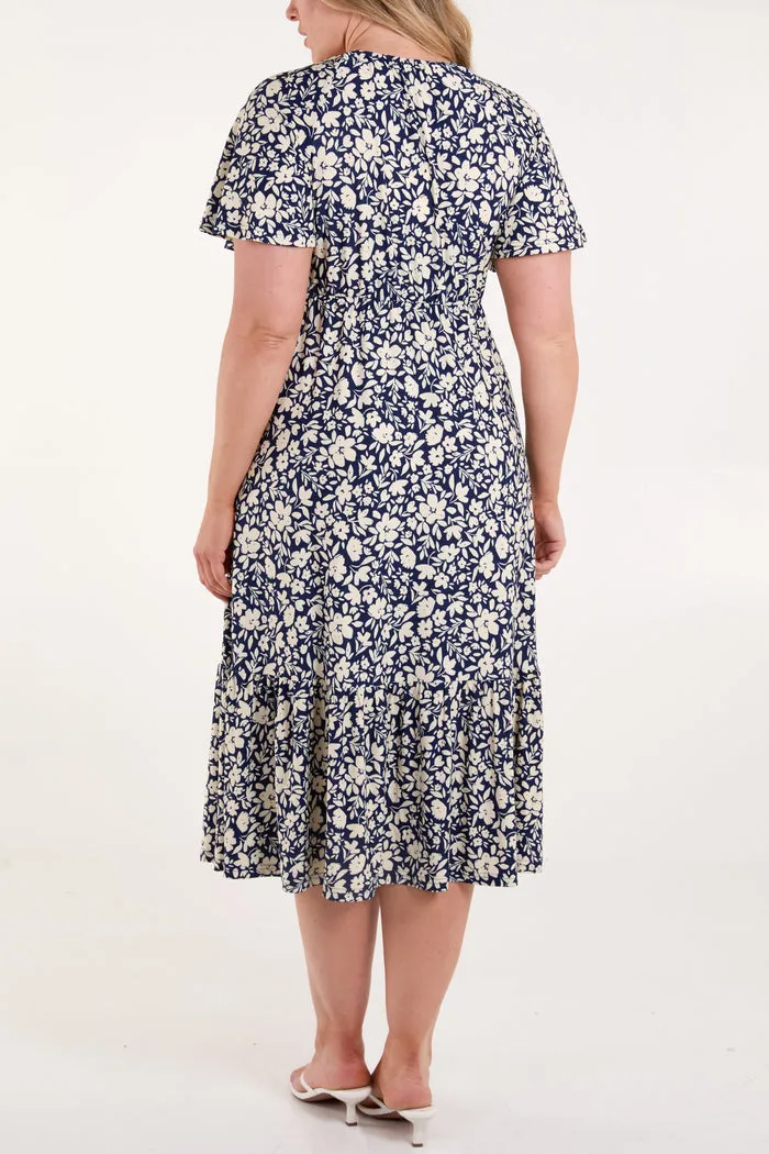 BUTTON FRONT FLORAL DRESS IN NAVY