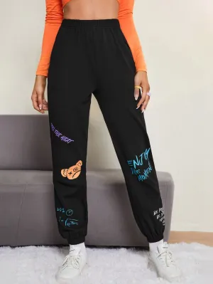 Cartoon & Slogan Graphic Joggers