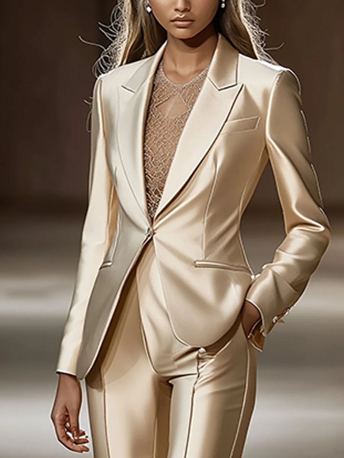 Chic Beige Satin Suit