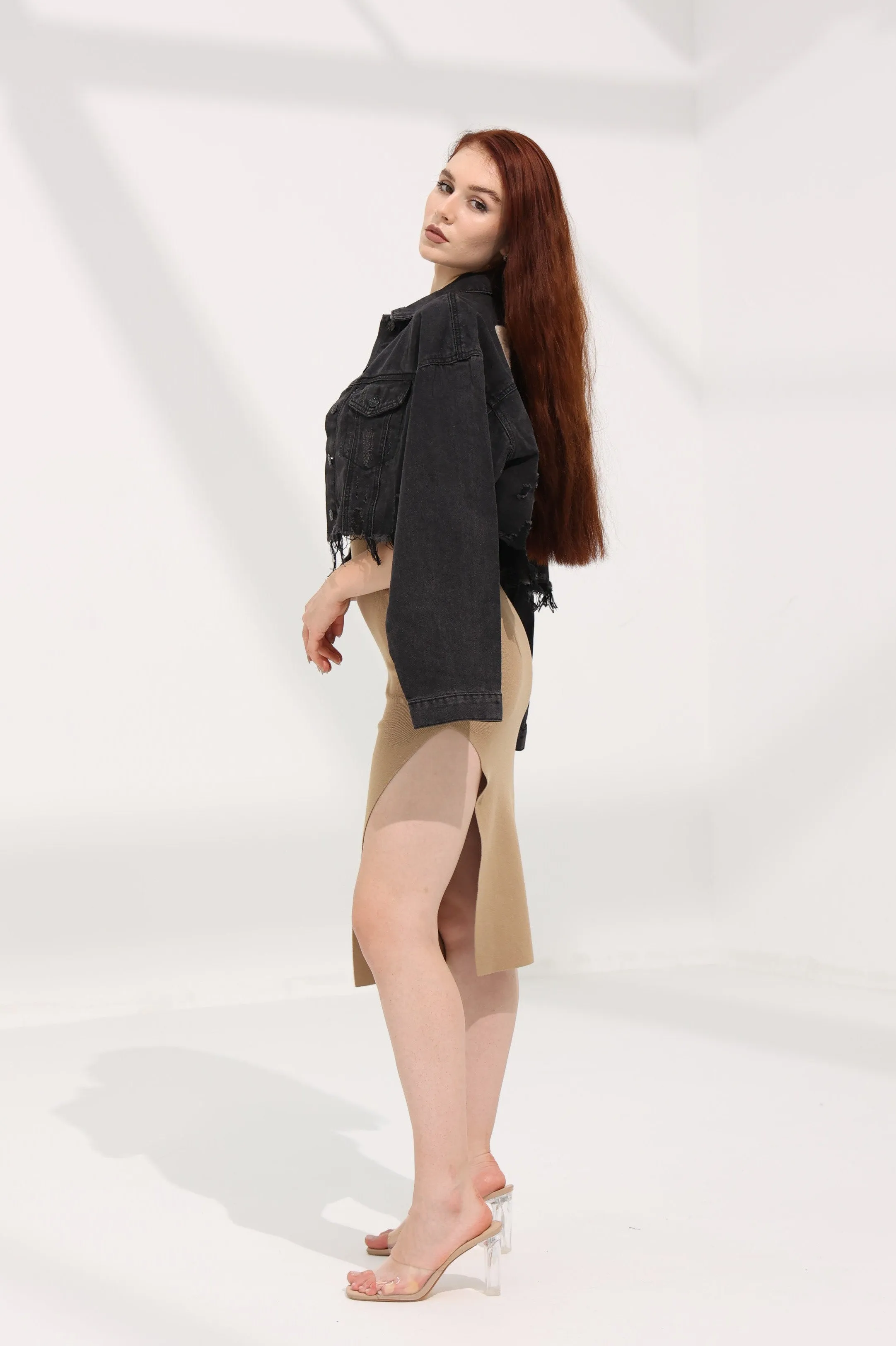Cropped Denim 'Rocker' Jacket- Black