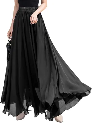 ebossy Women's High Rise Pleated Chiffon Skirt Flowy Swing Layered Ruffled Maxi Long Skirts