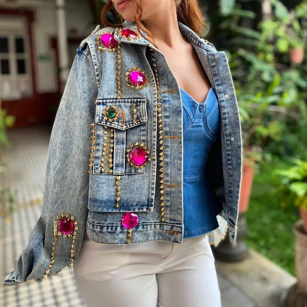 Embellished Denim Jacket with 3D stone Detailing
