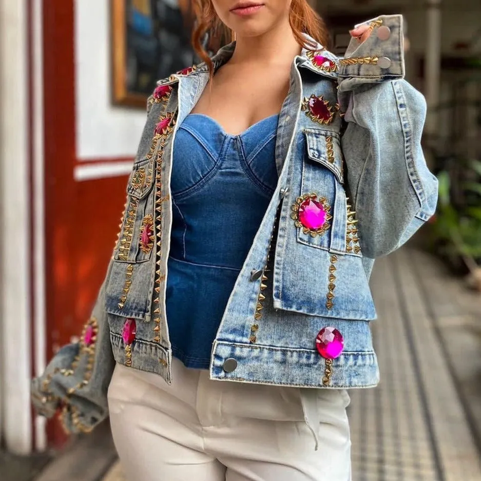 Embellished Denim Jacket with 3D stone Detailing