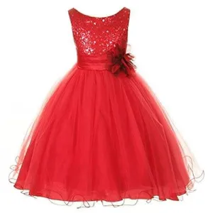 Girl's Sequin Double Mesh Flower Dress - Red