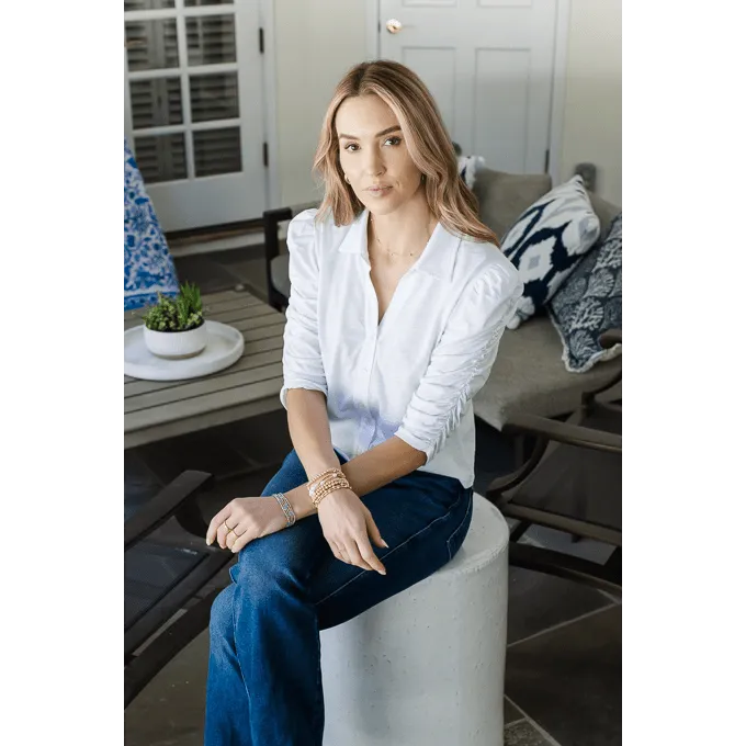 Grace Button-Up Elbow-Length Tee in White