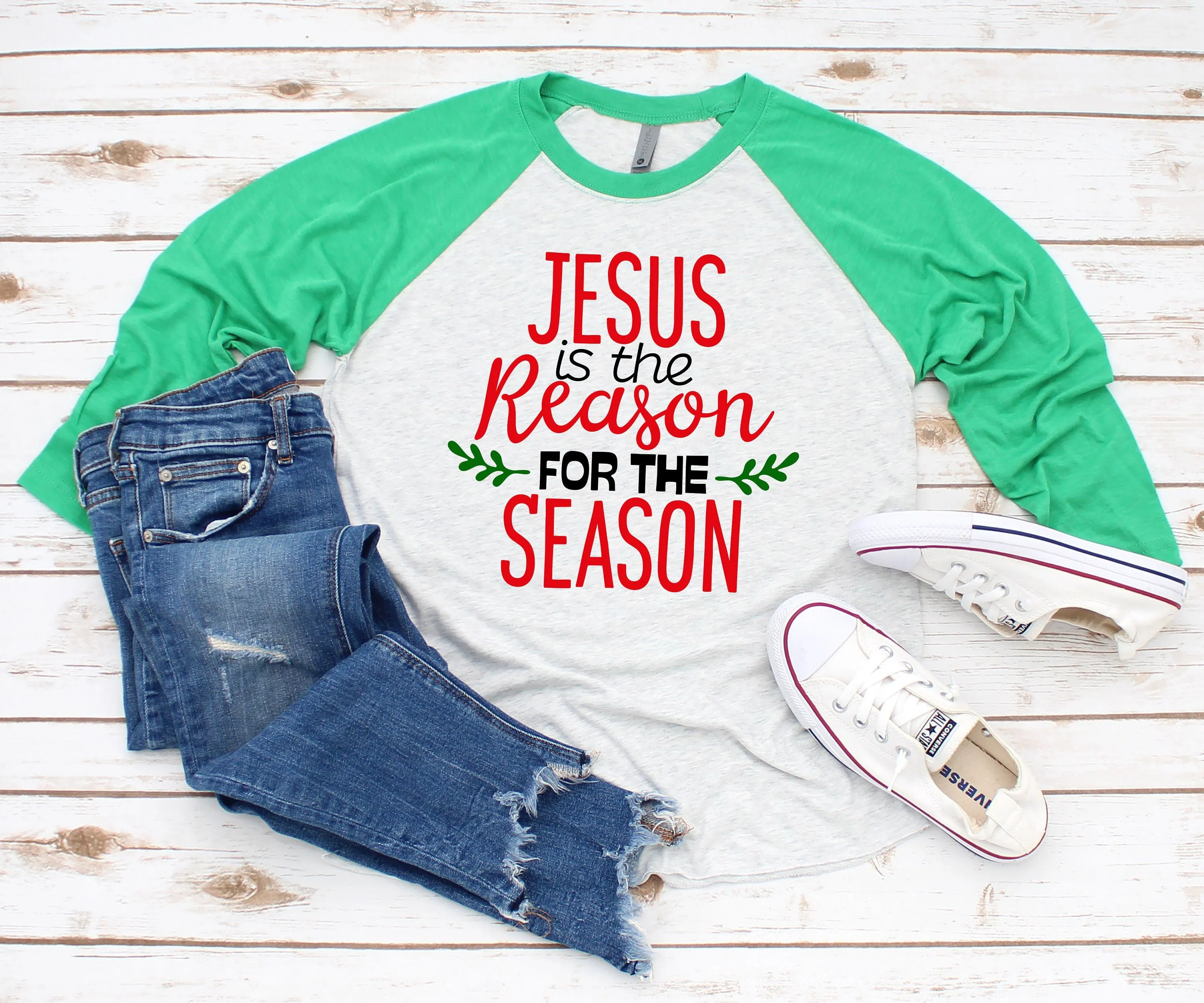 Jesus is the Reason for the Season- Raglan T Shirt- Christmas 3/4 sleeve - Religious T Shirt Gift