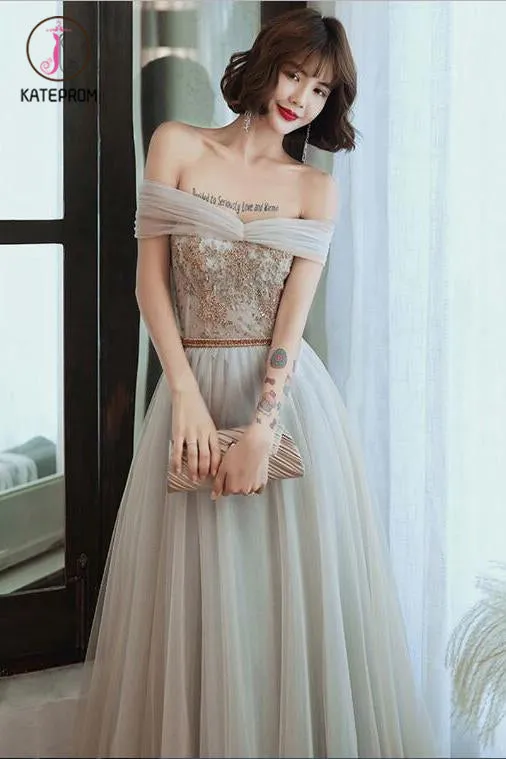 Kateprom Light Gray Tulle Lace Long Prom Dress, Floor Length Off the Shoulder Formal Dresses KPP1212