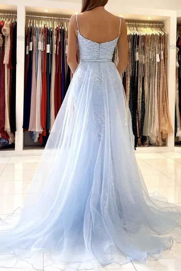 Kateprom Thin Straps Mermaid Open Back Light Blue Lace Long Prom Dress, Mermaid Light Blue Formal Dress, Light Blue Lace Evening Dress KPP1435